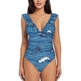 thumbnail image 2 of Yiaed Sharks on White Blue Striped Print Women's Ruffled One Piece Swimsuit V Neck Swimwear Slimming Monokini for Woman-Small, 2 of 8