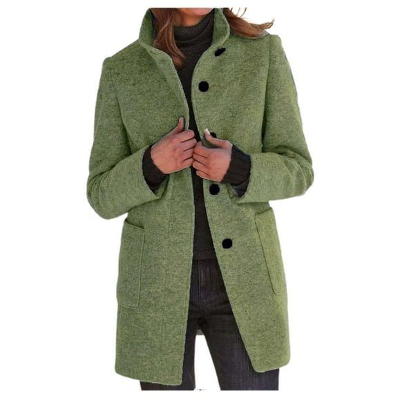 DuoJiaJ Women's Autumn Winter Vintage Solid Color Button Up Stand Collar Wool Coat Women Winter Coat Green L