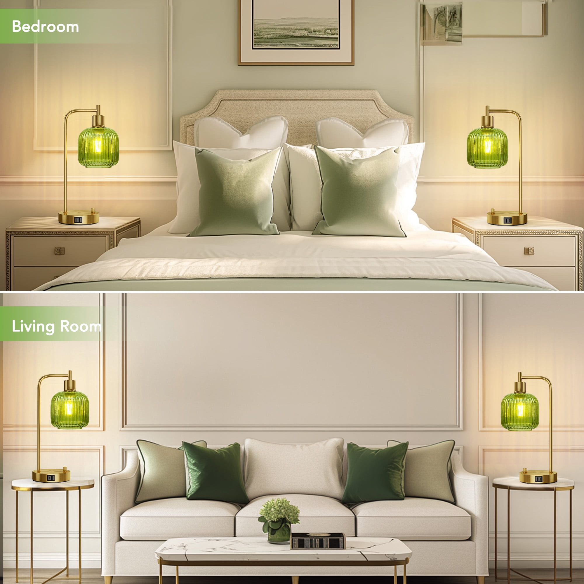 SparkGlowy Industrial Table Lamp for Bedroom Set of 2, Green Glass Beside Lamp with USB A&C Ports, Stepless Dimmable Gold Lamps, Nightstand Lamps for Living Room (Bulb Included)