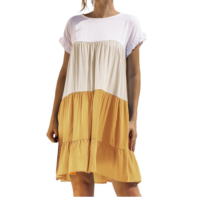 Bigersell Robes pour Femmes 2024 Fête Été Col Rond Manches Courtes Longueur Genou Robe Soleil Style D-5 Grande Taille Robes Dames Été Régulier, Jaune P