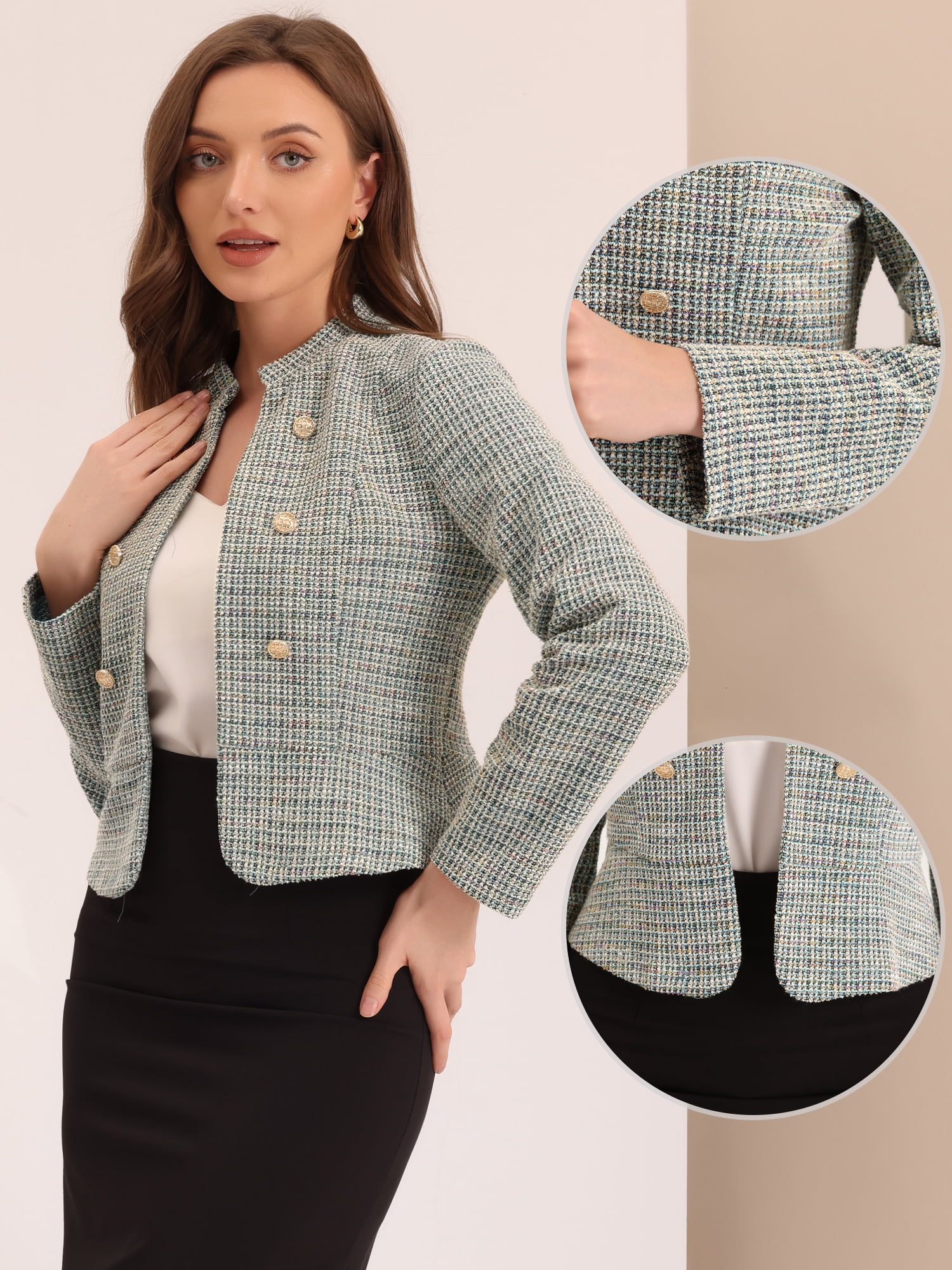 DARING DIVA Women's Elegant Stand Collar Business Plaid Tweed Blazer L Beige