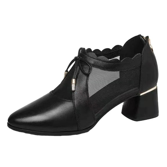 OAVQHLG3B Women's Casual Shoes Pointed Toe Solid Color Minimalistic Net Yarn Hollow Out Middle Heels Chunky Heel Sandals