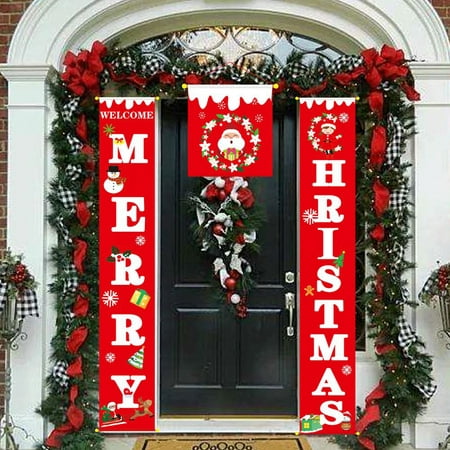 Merry Christmas Banners, Front Door Welcome Christmas Porch Banners Red Porch Sign Hanging Xmas Decorations for Home Wall Indoor Outdoor Holiday Party Decor Display Decorations
