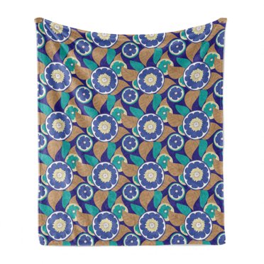 Fruit Soft Flannel Fleece Blanket, Multicolored Lemon Slices and Leaves Patterns Lime and Foliage Motifs, Cozy Plush for Indoor and Outdoor Use, 60" x 80", Indigo Dark Seafoam Camel, by Ambesonne