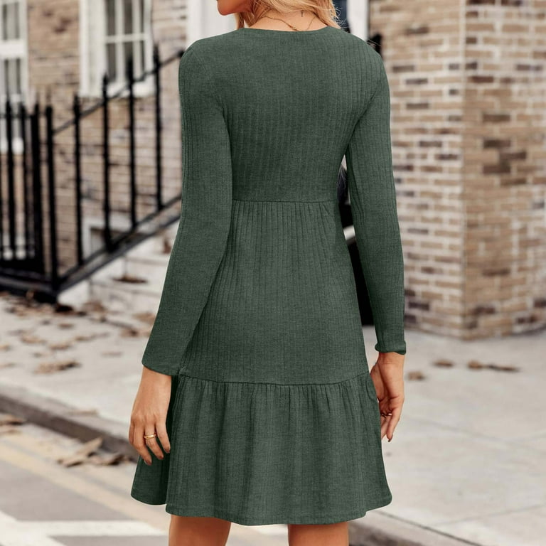 Solid O-Neck Knee-length A-line Knitted Dress Solid O-Neck Knee-length A-line Knitted Dress