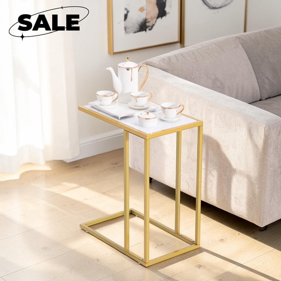 GZXS C-Shaped End Table, Sofa Side Table with Metal Frame for Small Space, Living Room, Bedroom, White & Gold