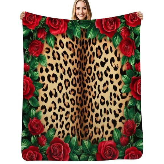 Roses leopard print floral Flannel Blanket Warm Soft Bedding Throws Winter Camping Chair Sofa Bed
