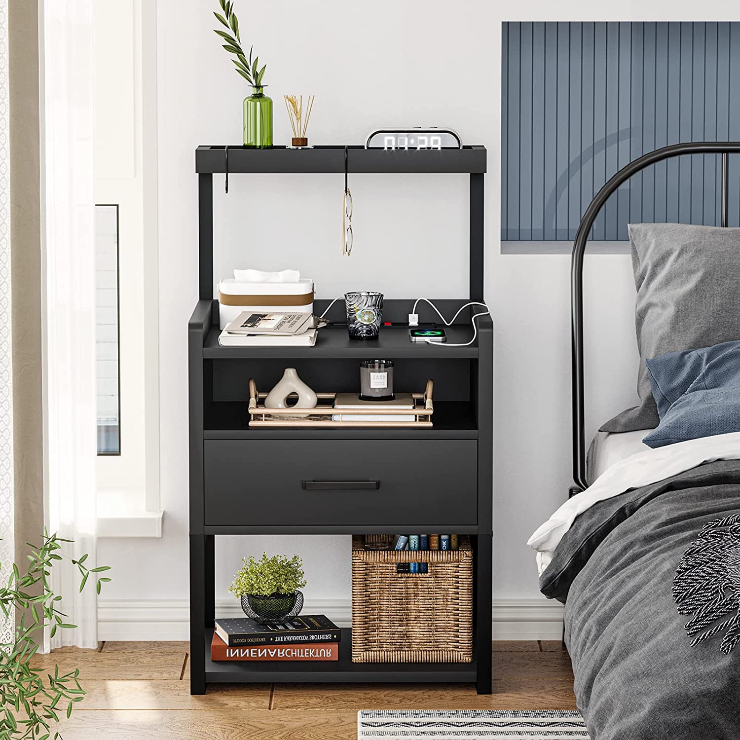 LED Nightstand with Charging Station and USB Ports, Bedside Table for