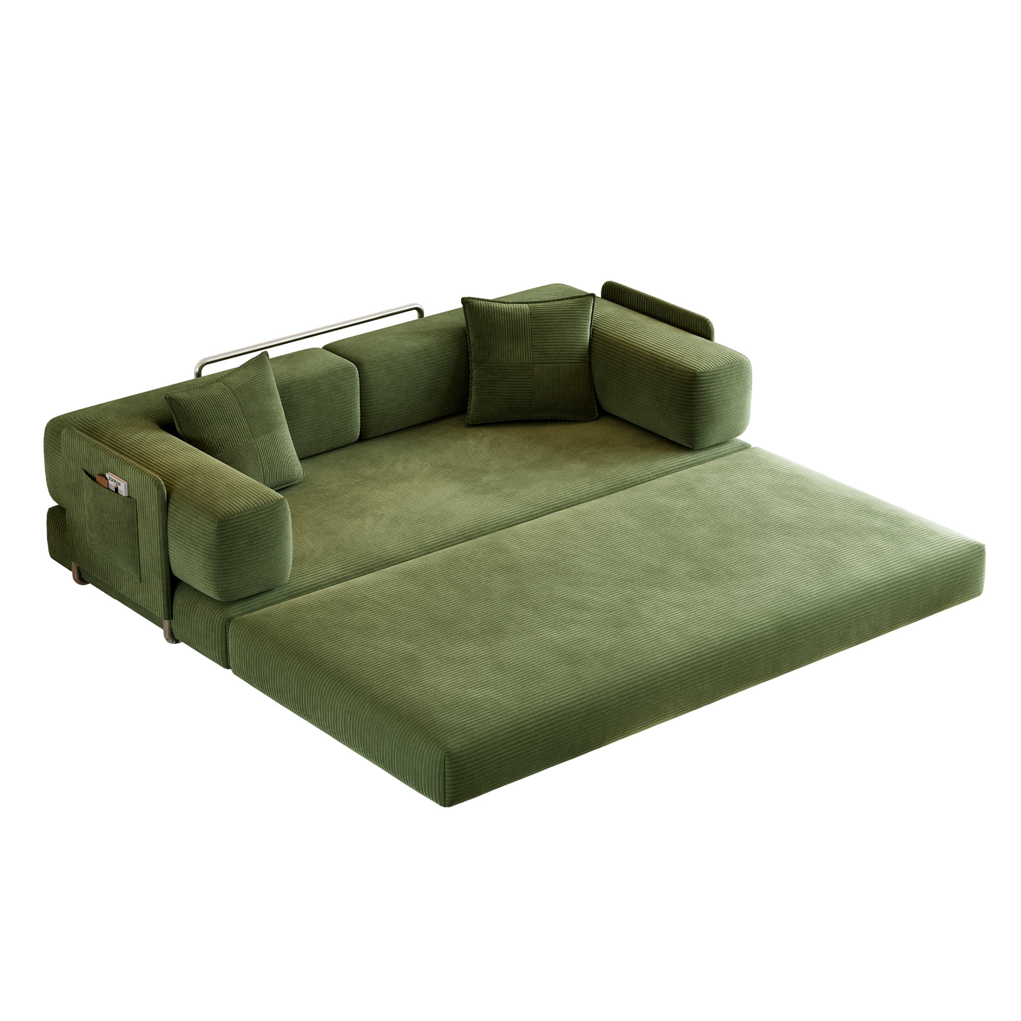 Leumius 79 Inch Convertible Sofa Bed,5-in-1 Corduroy Floor Sofa with High-Density Foam,Metal Back and Arm Supports, Washable Cover and Side Pockets,Green