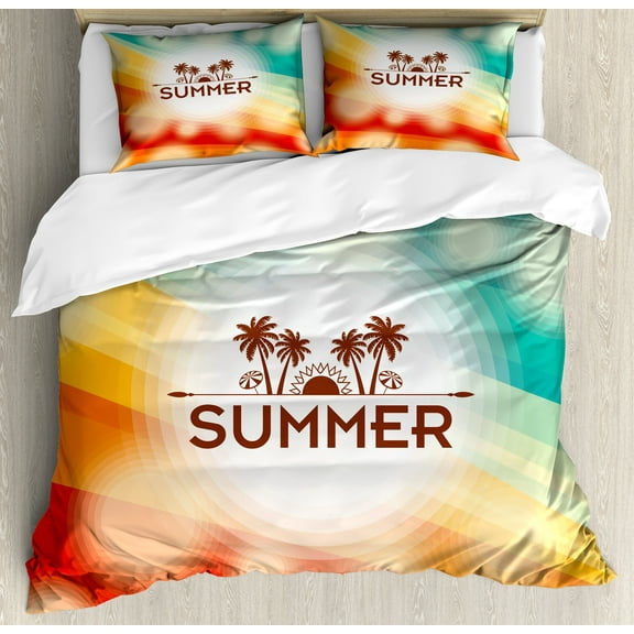 Summer Duvet Cover Set, Tropical Holiday Background with Palm Tree and Sun Exotic Vacation, Decorative 3 Piece Bedding Set with 2 Pillow Shams, Queen Size, Orange Scarlet Teal, by Ambesonne