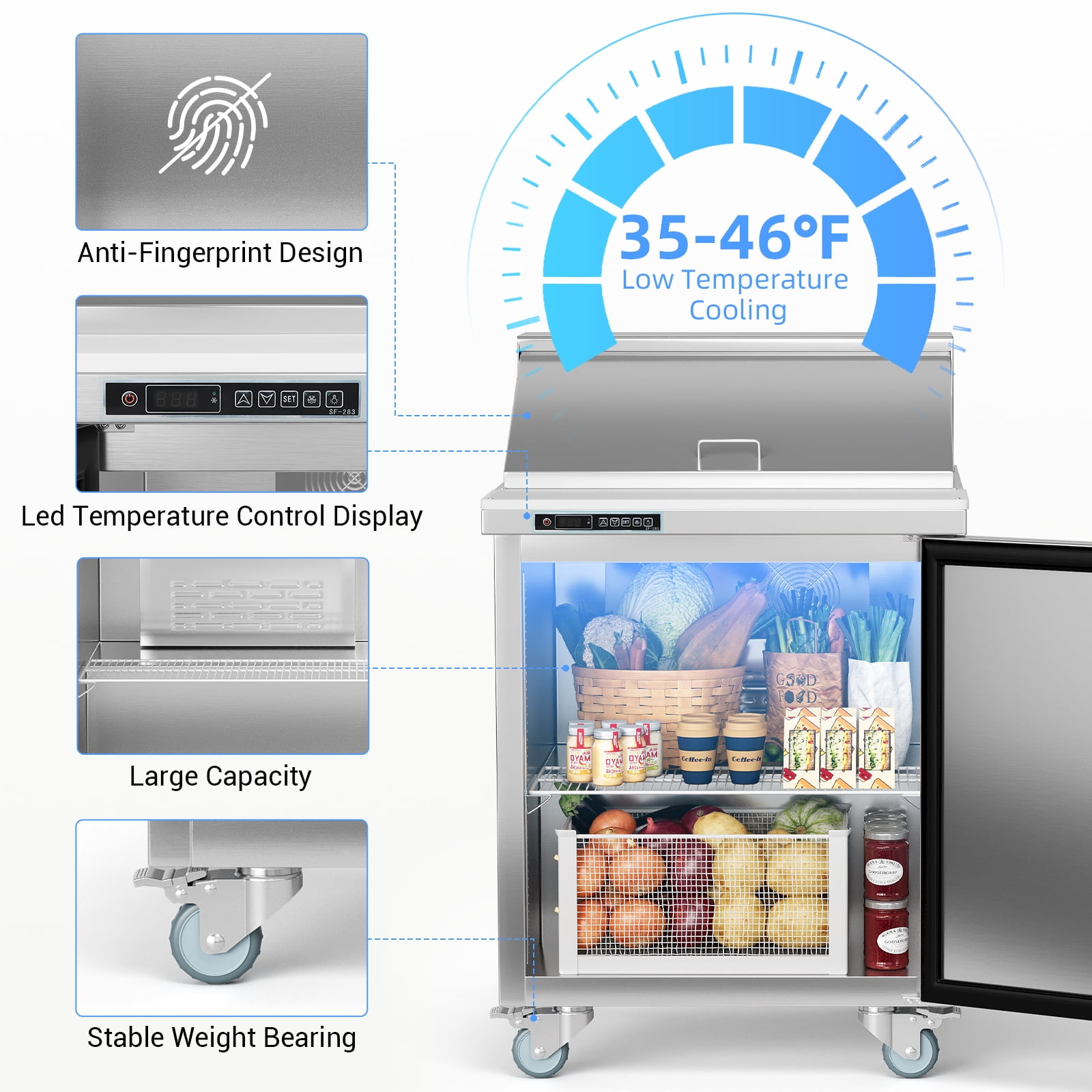 Commercial Refrigerator, 28" Undercounter Worktop Refrigerator,7.4 cu. ft W Single Door Thick Stainless Steel Refrigerator Sandwich Salad Prep Station Cooling with Cutting Board and 8 Pans