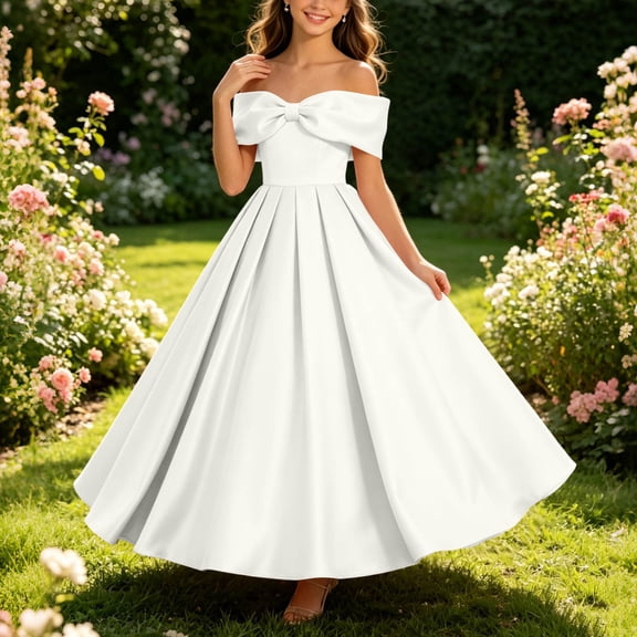 Girls Off Shoulder Big Bow Maxi Formal Dress A Line Satin Long Gown Kids Wedding Birthday Party Dress White 5-6 Years