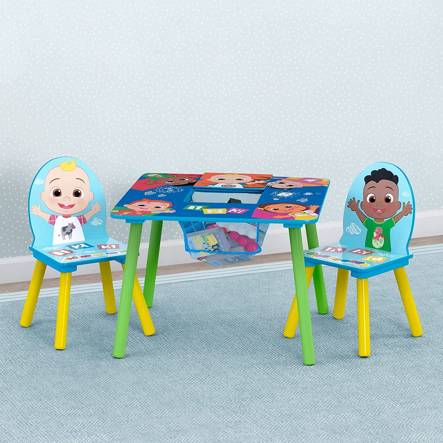 CoComelon Table and 2 Chairs with Storage Set by Delta Children, Greenguard Gold Certified, Toddler