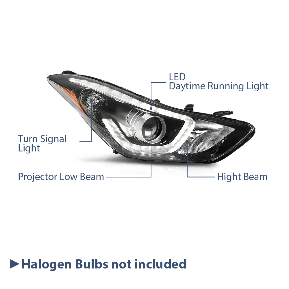 PIT66 Headlights Fit for 2014-2016 Hyundai Elantra DRL LED Projector Clear Lens LH+RH 2Pcs