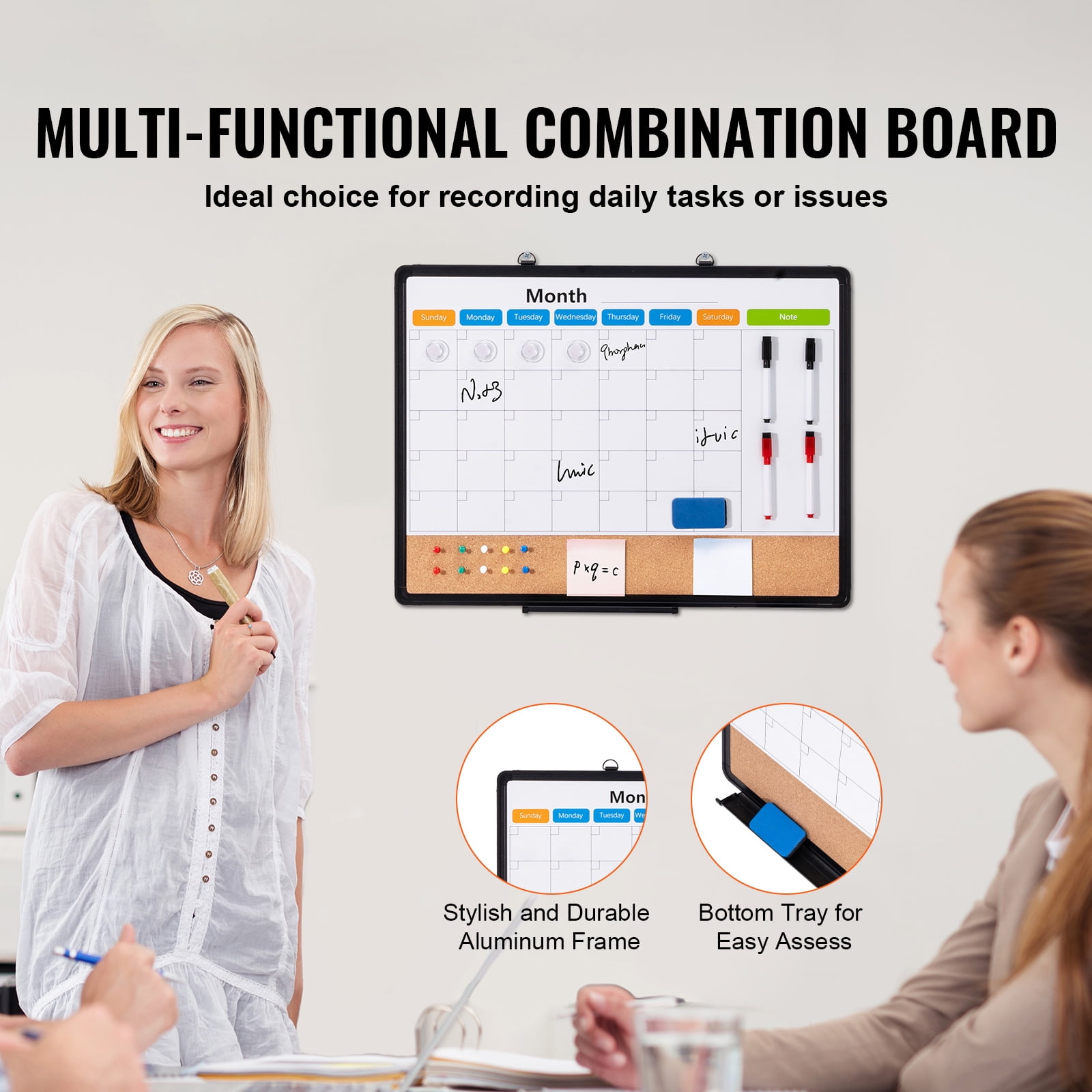 KFFKFF 24"x 18" Dual-Function Board – Magnetic Whiteboard Calendar & Cork Bulletin, Framed in Aluminum – Wall-Mounted for Home, Office, or Educational Settings