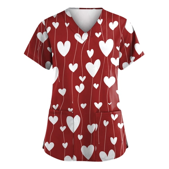 Fabrcox S-5XL Valentines Day Scrub Tops Women Plus Size Love Heart Graphic Holiday Womens Scrub Top V Neck Short Sleeve Women's Nurse Uniform with Pockets