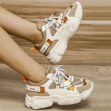 

Women‘s Letter Patch Decor Mesh Panel Chunky Sneakers Breathable Mesh Lace-Up Running Shoes Casual & Stylish Shoes Women‘s Footwear