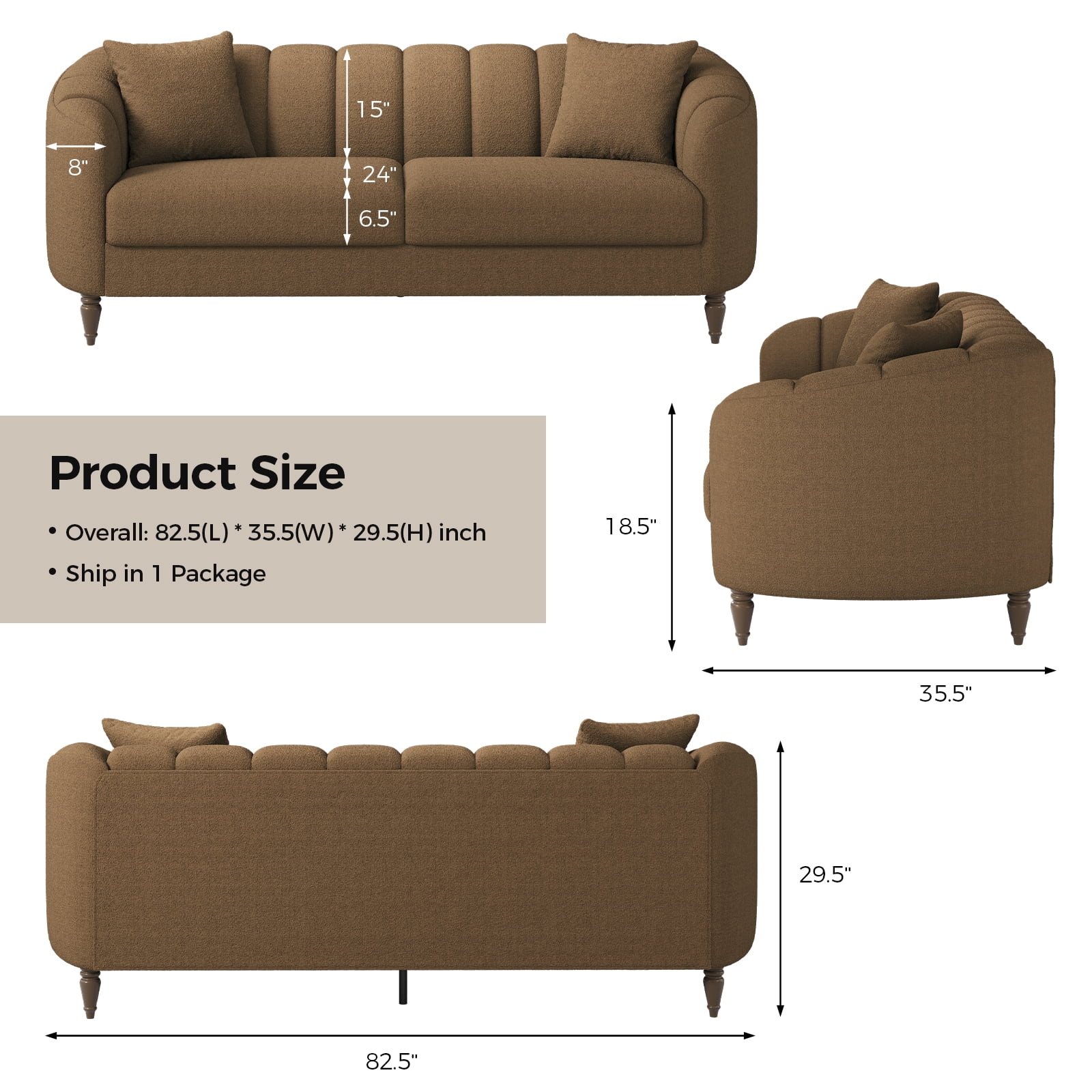 COPIAE 82 Inch Loveseat Sofa,Modern Couch and Sofa,Curved Petal Design Furniture,Sturdy and Easy Installation,Small Sofa for Living Room Bedroom Office and Apartment,Terry Fleece Fabric Brown