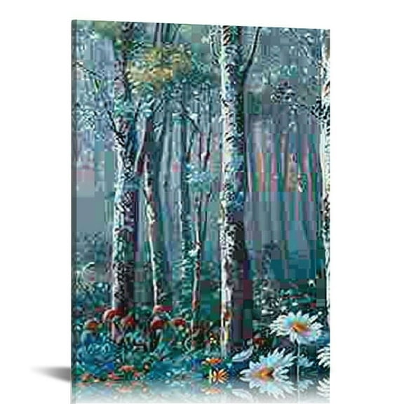 FCXZI Green Tree Canvas Wall Art Forest Landscape Picture Modern Birch Trees Nature Painting Flower Wall Art for Living Room Pictures for Bedroom Wall Decor and Office Artwork 12x16in