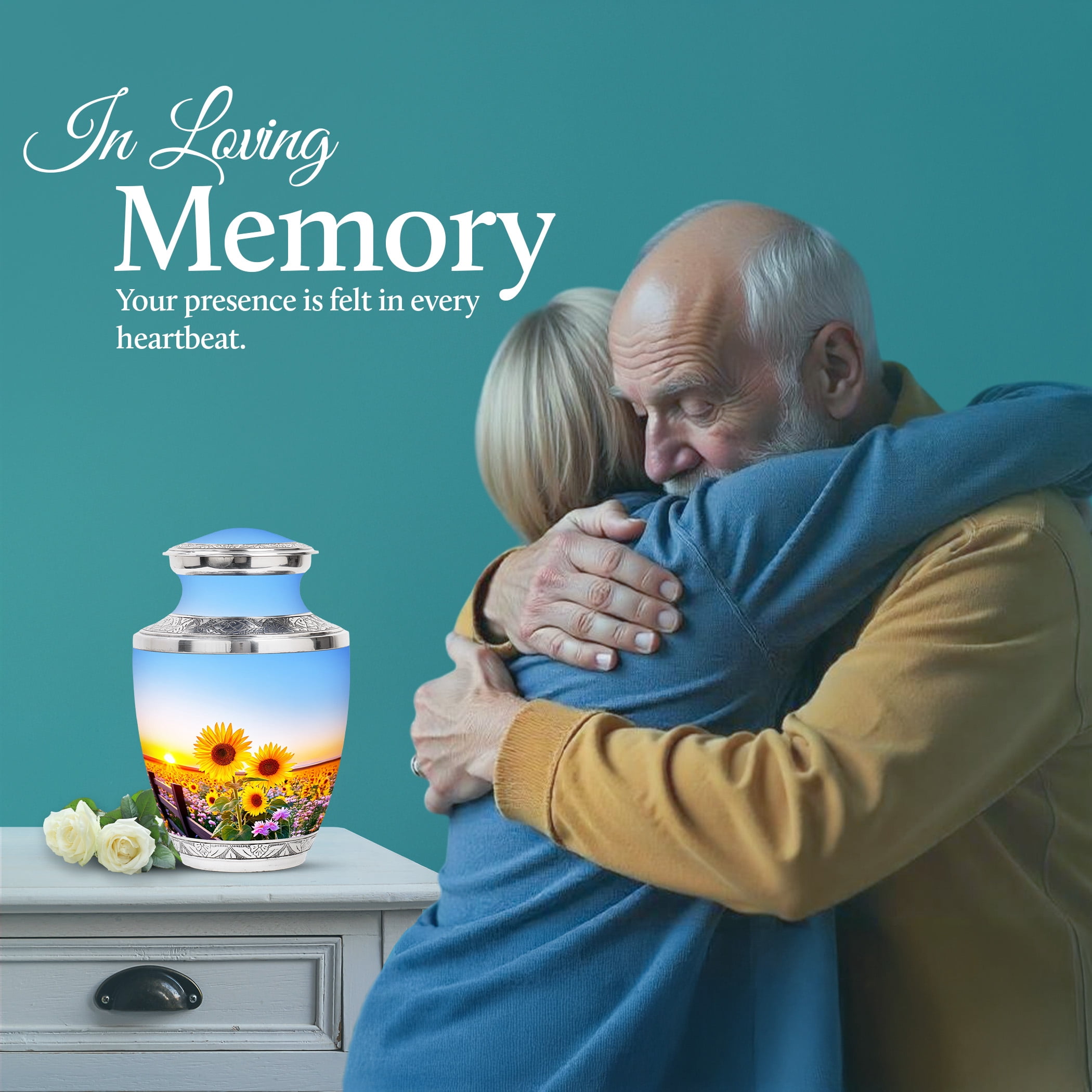 SABURIAL Sunflower Urn - Burial Urns For Adult Human Ashes - 10 Inch - Large With Velvet Bag - Funeral Urn Adult Ash Man & Women - Memorial Burials For Ash - Cremation For Ashes