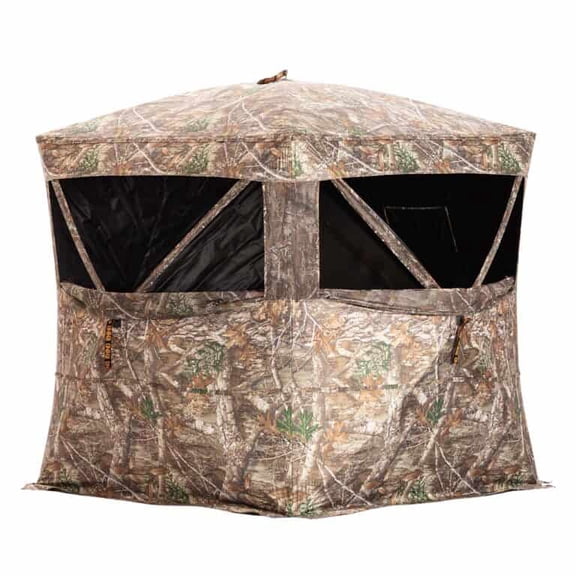 Rhino Blinds RB24 Hunting Blind - 3 Man, 5 Hub Design, Silent Slide Windows and Zipper Door - Realtree Edge