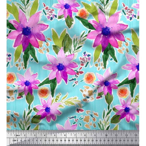 Soimoi Blue Cotton Duck Fabric Leaves & Floral Watercolor Print Fabric by The Yard 42 Inch Wide