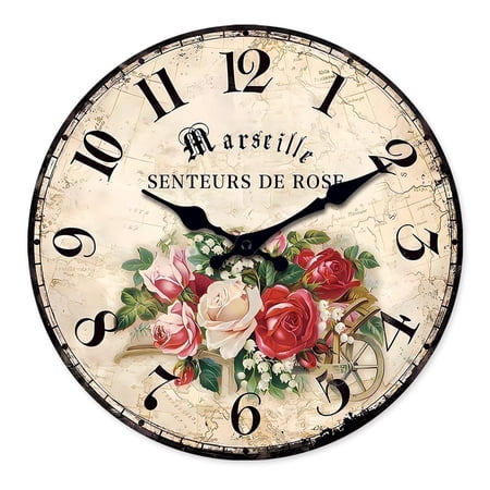 Vintage Flower Wall Clock 12 Inch Kitchen Wood Wall Clocks Battery Operated Silent Rose Wall Clock for Girl Bedroom Living Room
