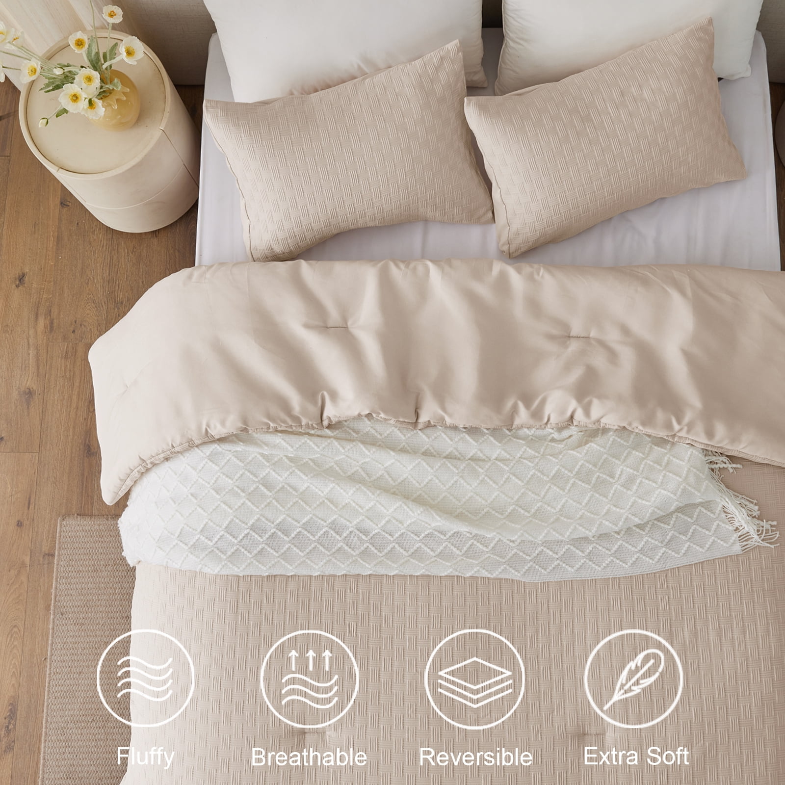 Whale Flotilla 3-Piece Jacquard Braid Ultra Soft Queen Comforter Set, Luxury Reversible Microfiber Comforters Full Size Bedding Set with 2 Pillowcases, Lightweight Duvet for All Seasons, Beige