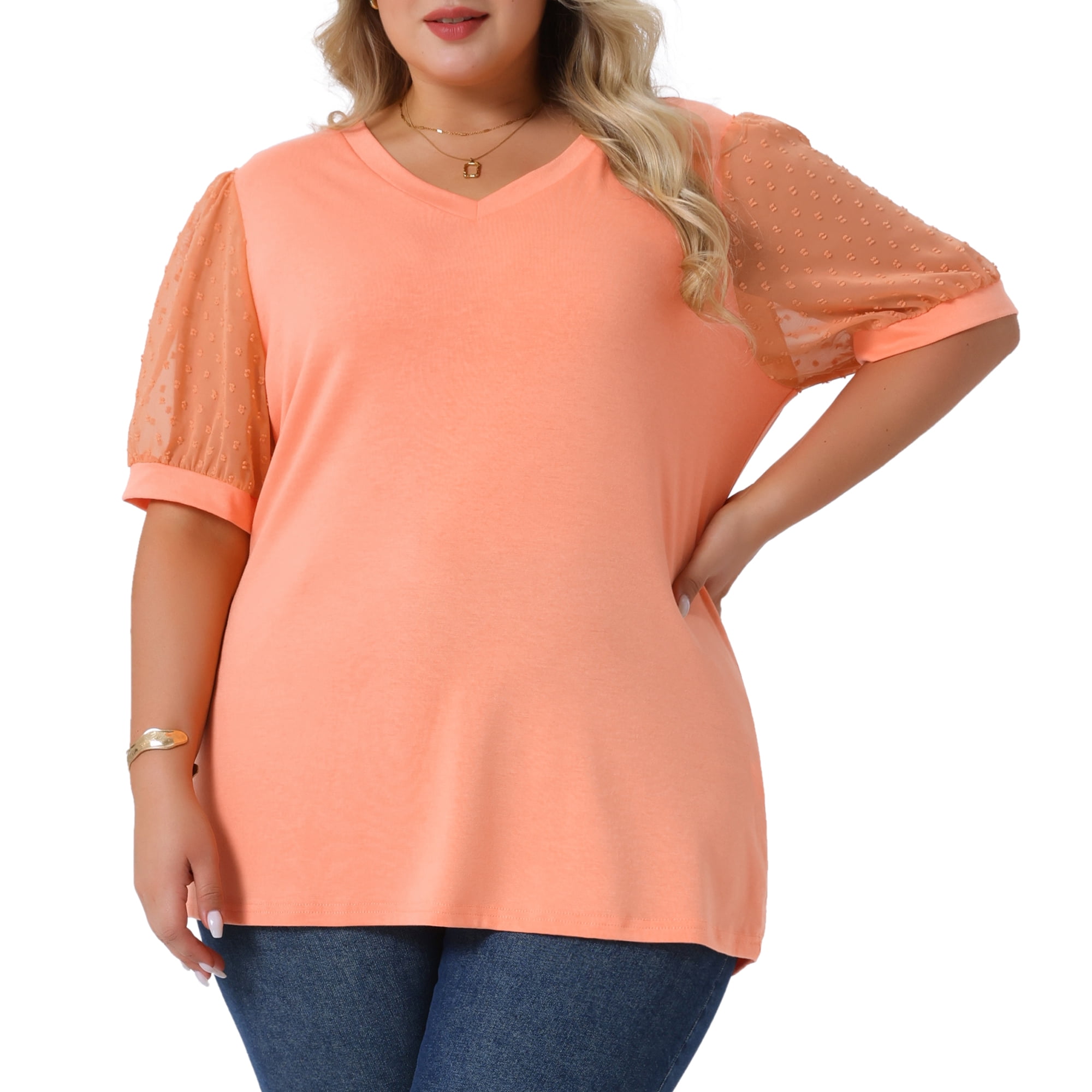 Women's Plus Tops V Neck Swiss Dots Puff Sleeve Casual Blouse Shirt 1X Orange