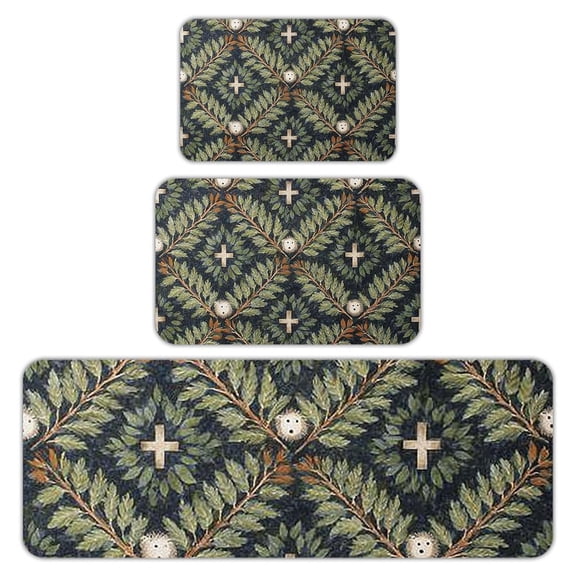RKSupls Kitchen Rug Set 3 Piece Anti-Slip Flannel Floor Mats, Leaves Crosses Washable Absorbent Runner Mats for Kitchen Bathroom Home Decor
