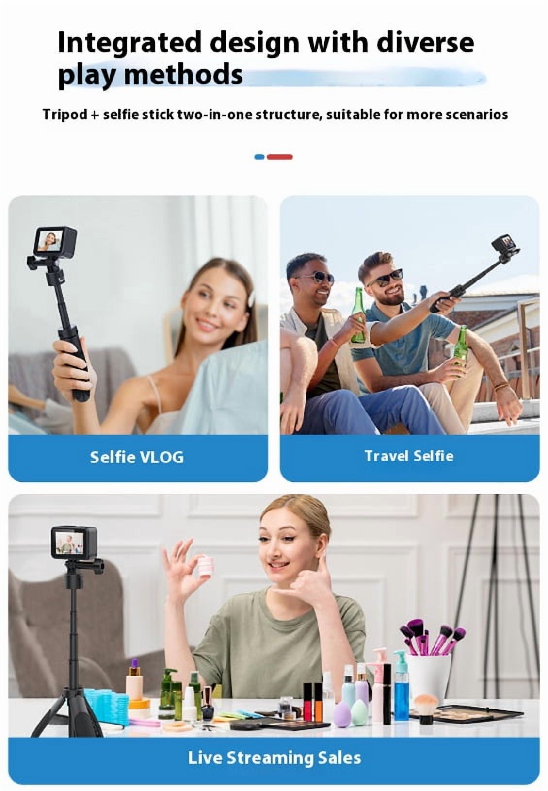 All-in-One Camera Tripod Grip - Bigcan Mini Selfie Stick Tripod for GoPro Hero 13/12/11/10, Action 4/3, Ace Pro, Adjustable Aluminum Extension Pole for Vlog Travel Desk Shooting