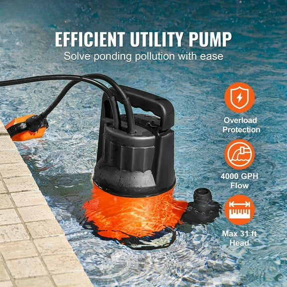 Submersible Utility Pump & Sump Pump, 1 HP, 4000 GPH, 31 ft Head, Heavy-Duty Water Pump for Flood Control, Basement, Pool, and Pond Draining
