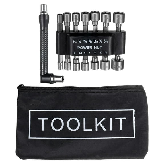 Uxcell 16pcs Power Nut Driver Drill Bit Set 3/16"-7/16" 5-12mm Metric SAE 6-Point Drill Socket 1/4" Hex Shank with L-shaped Manual Wrench and Storage Bag
