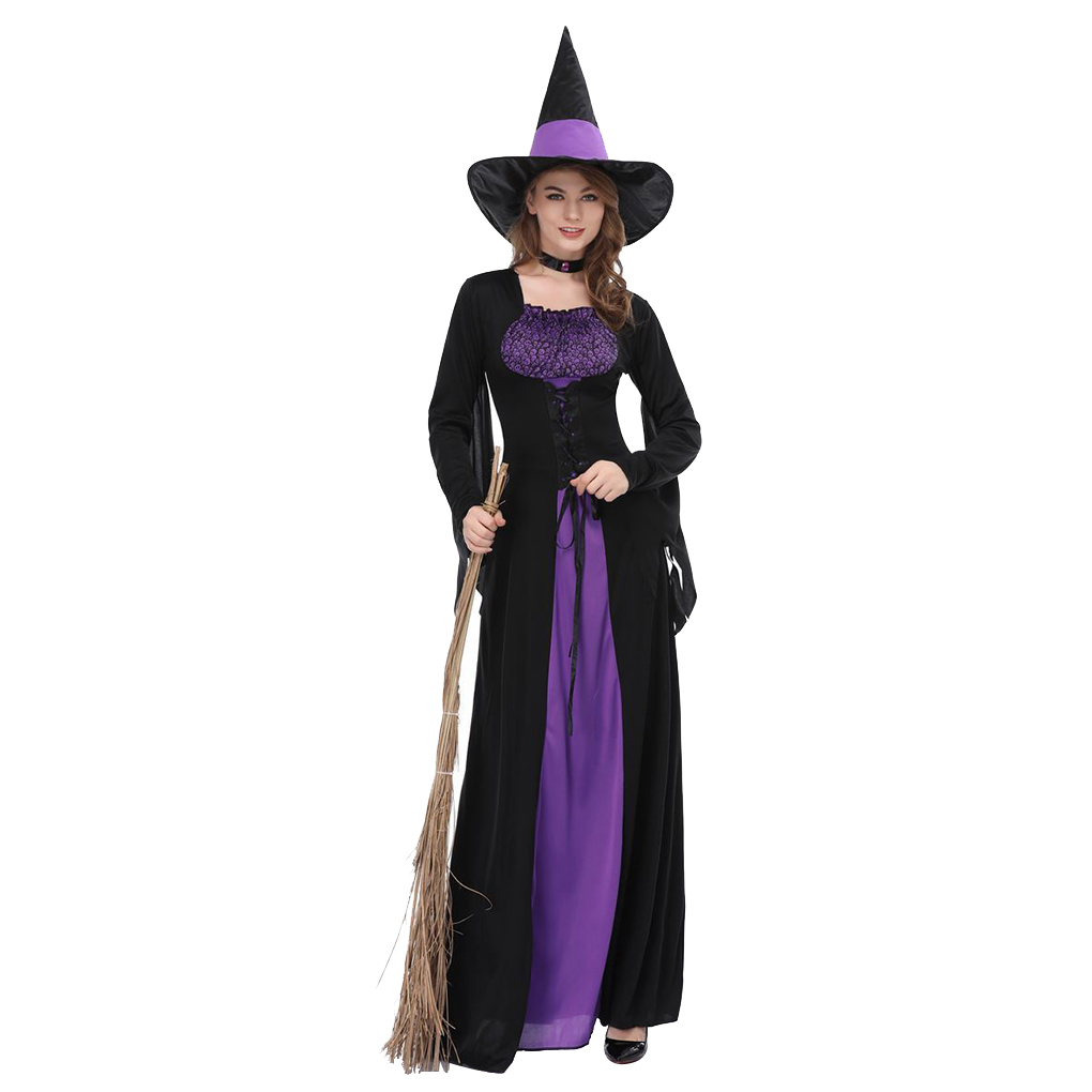 Cusimax Women Black Purple Witch Dress Sorceress Cosplay Adult Halloween Party Costume black