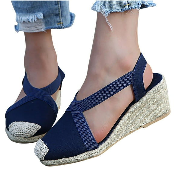 Latrodar Wedge Sandals for Women Women's Sandals Comfortable Trendy Stretch Knitted Beach Sandals Pull-On Summer Shoes Low Heel (1"-2") Medium Solid Sandals for Older Women Anniversary Gifts for Her