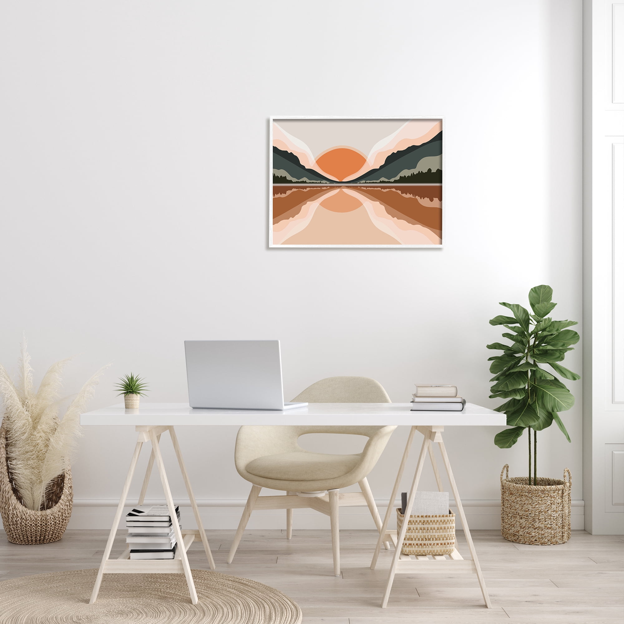 Stupell Industries Misty Sunrise Geometric Green Mountain Lake Reflection Cabin Painting White Framed Art Print Wall Art, 24 x 30, Design by Ros Ruseva