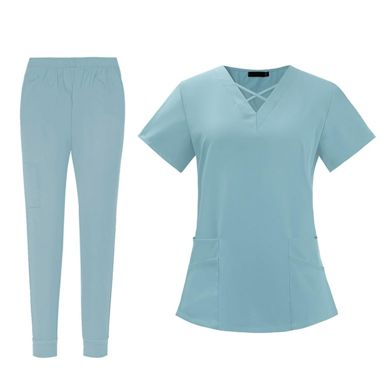 Nursing Scrub Set Top Pants Breathable Working Uniform for Nurse Yoga Jogger  Light Blue Color L 