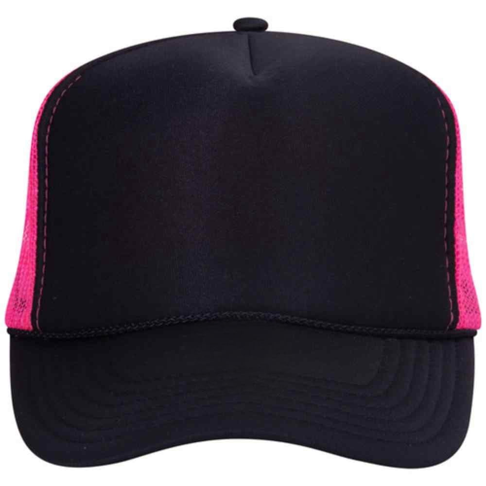 Couver 5 Panel High Crown Back Split Mesh Polyester Foam Trucker Hat, Black Neon Pink, 6 Count