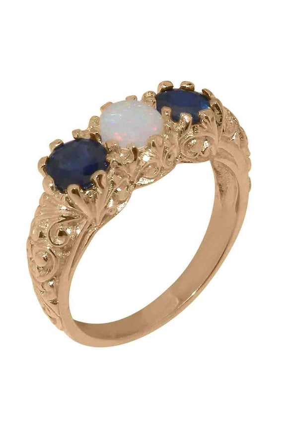 LBG British Made 14k Rose Gold Natural Opal & Sapphire Womens Statement Ring - 33 size options - Size 10.5