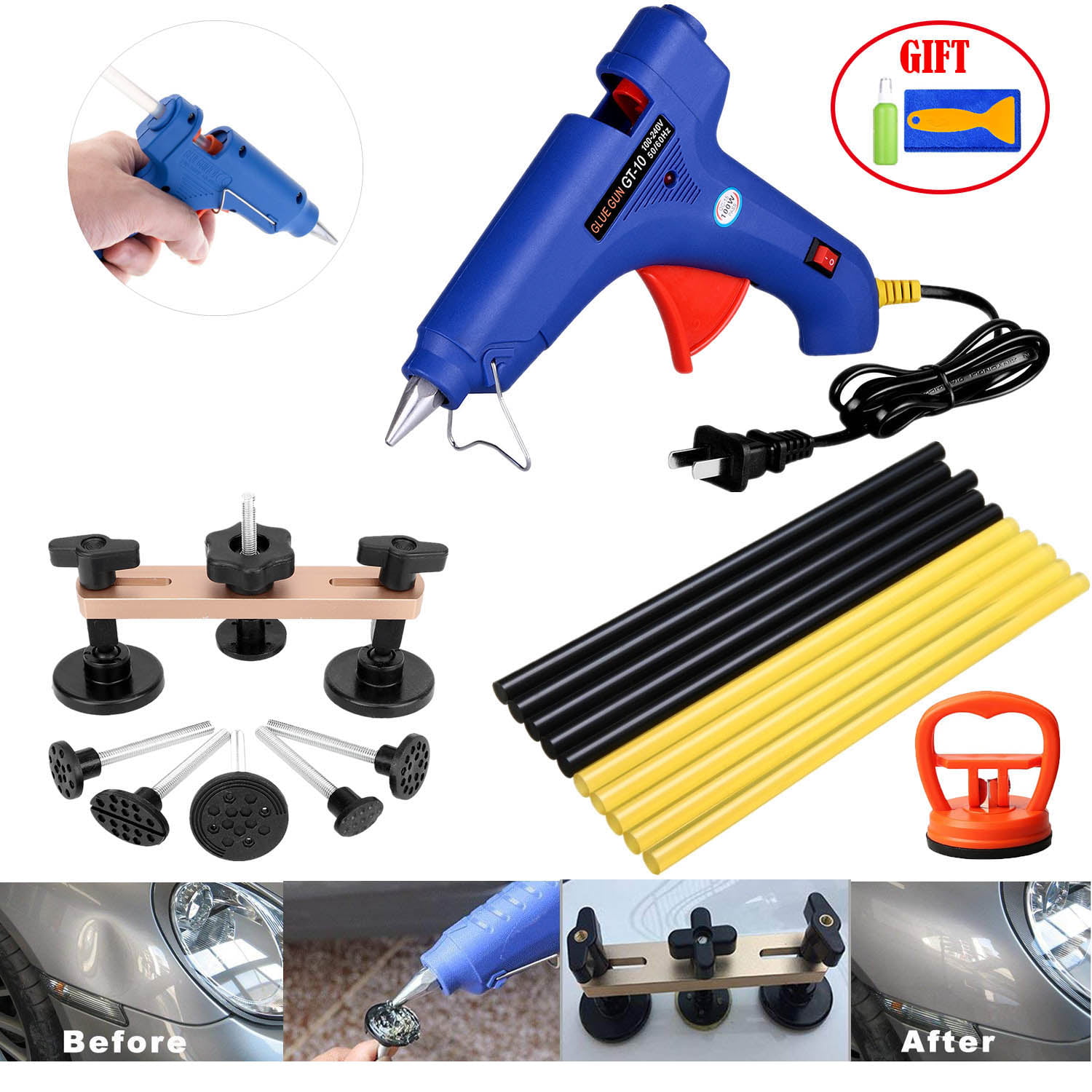 Pops-a-dent Car Body Dent Repair Tool Kit   DIY Puller Bridge Glue Gun Stick set