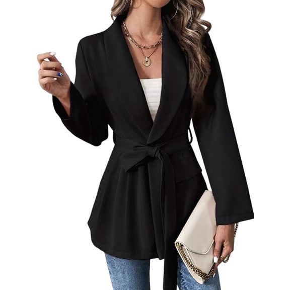 Women'S Casual Belted Blazer Lapel Long Sleeve Work Office Wrap Blazer Jackets Black XL