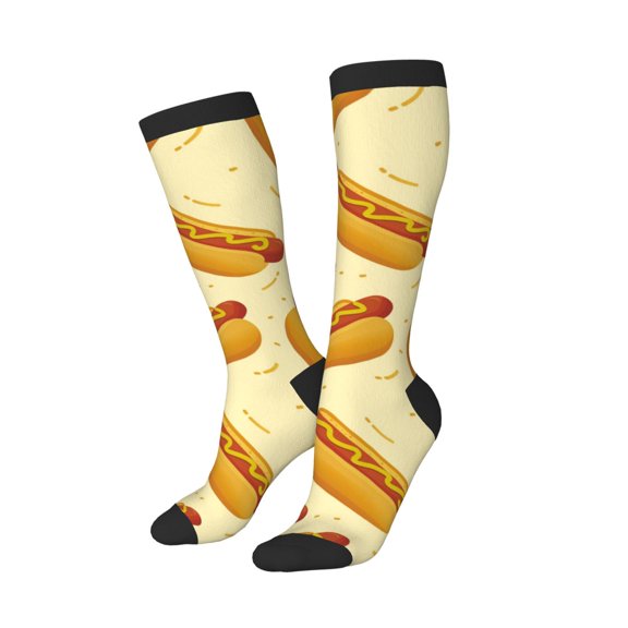 Knee High Socks for Women Men Athletic - Cartoon Hot Dog Print Thigh-High Black Sole Comfort Breathable Long Socks for Casual Travel Running