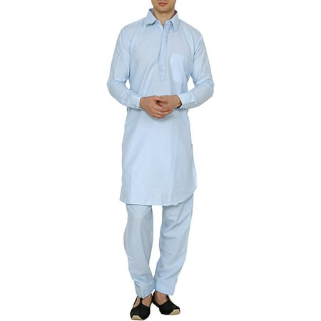 

Royal Kurta Men s Cotton Blend Thread Embroidered Pathani Suit (40 Sky Blue)