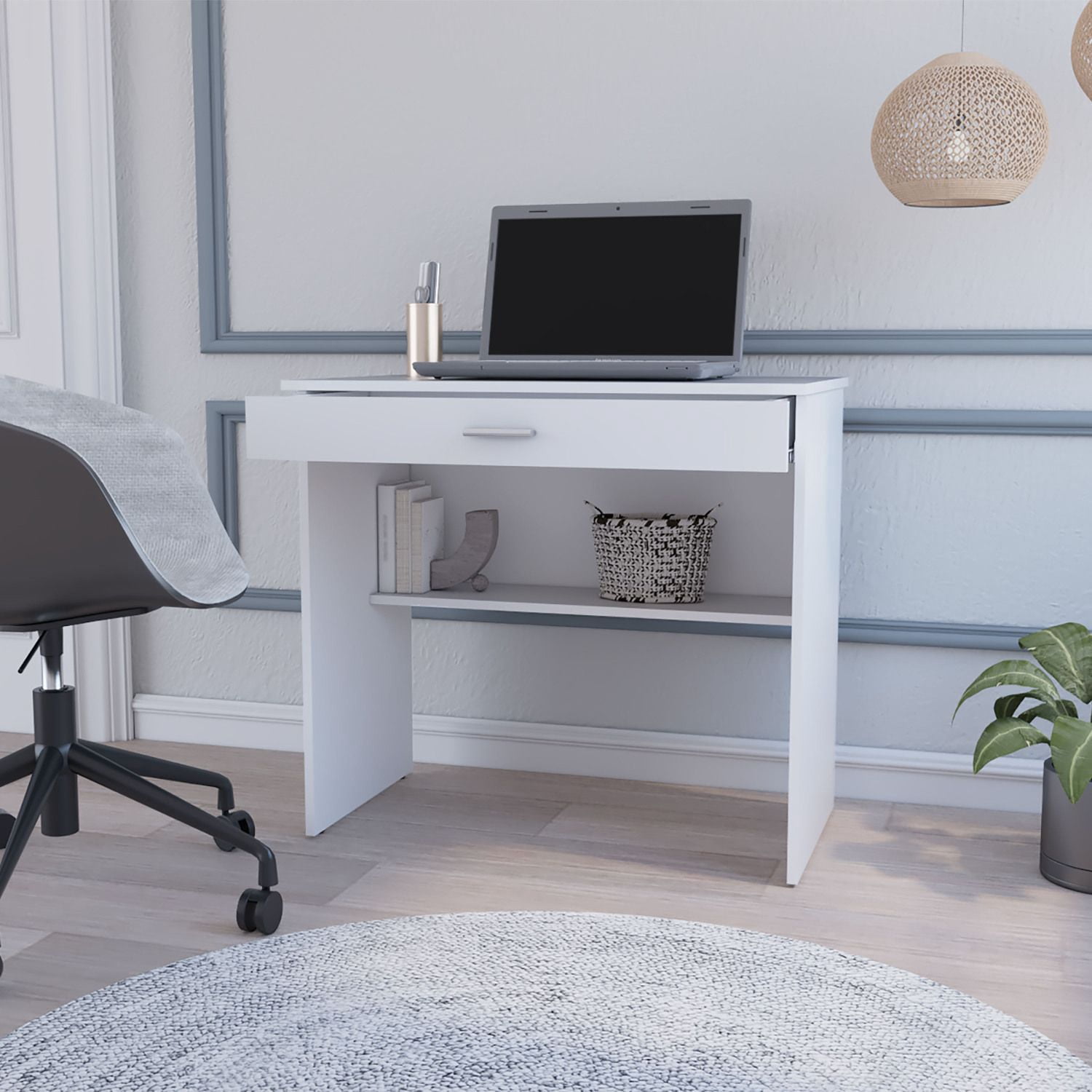 Asteroutdoor Storage Desk with Drawer and Shelf, Modern Computer Desk for Office