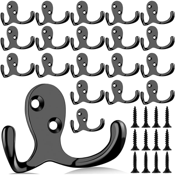 20 Pcs Coat Hooks,Heavy Duty Double Prong Hooks with 40 Screws,Wall Hooks Robe Hooks for Bathroom Kitchen Entryway,No Rust Wall Mounted Utility Hooks for Towel Key Bag Scarf Cup(Black)