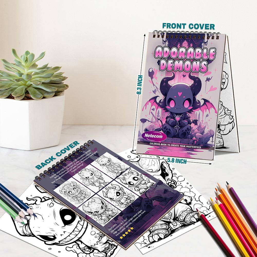 Adorable Demons Coloring Book Spiral Bound For Adults, A5 Wooden Cover, 30 Playful Coloring Pages in Cute Demon Characters for Stress Relief and Relaxation