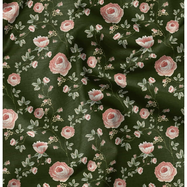 Soimoi Polyester Crepe Fabric Leaves & Peach Flower Floral Print Sewing Fabric Yard 52 Inch Wide