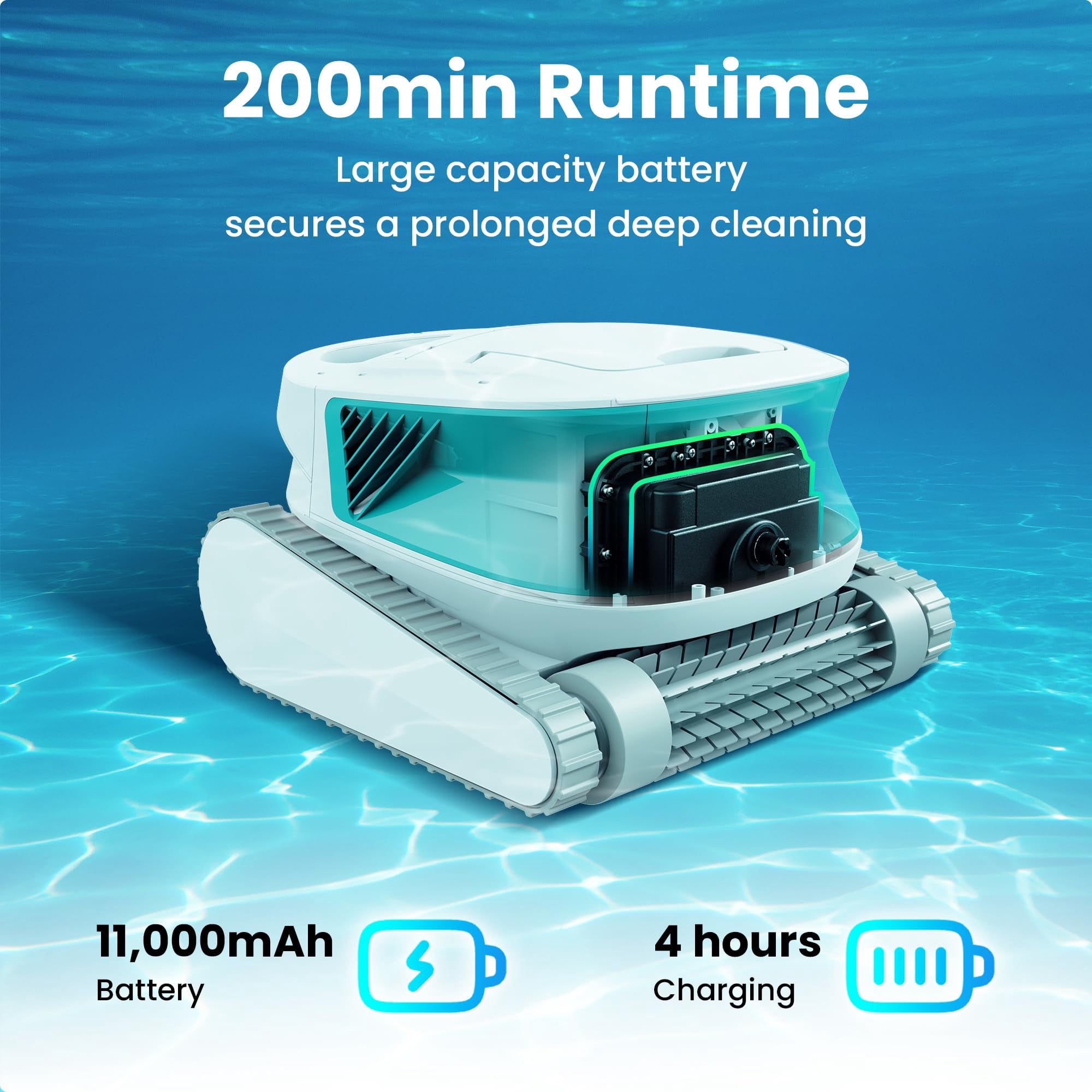 Hydro 3 All-in-one Pool Vacuum Robot, 200mins Runtime Cordless Pool Cleaner, 150W Brushless Motor+Floor/Wall/Waterline Scrubber Brush,Ideal for Inground/Above-Ground Swimming Pools