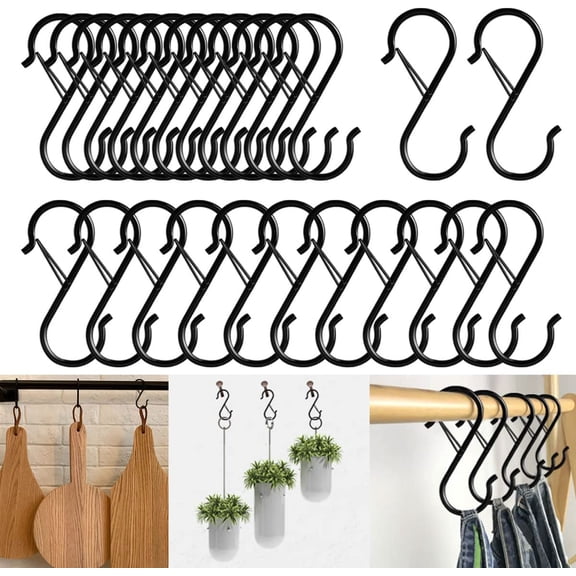 25 pcs 3.5 inch Black S Hooks,Heavy Duty S Shaped Hooks for Hanging Rust-Proof S Hooks with Safety Buckle Design for Hanging Plants Coffee Cups Pots and Pans Clothes Bags in Kitchen Bathroom