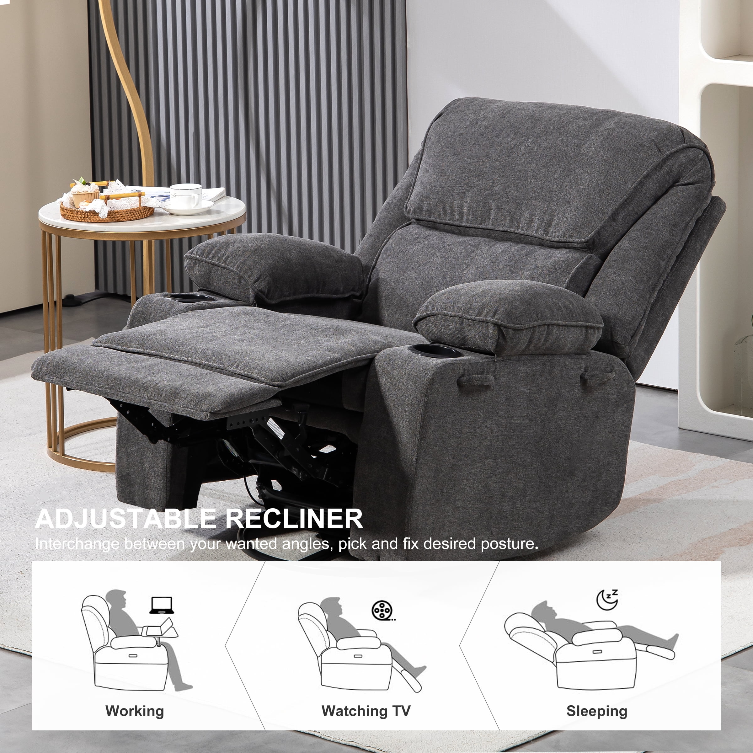 BRTHORY Swivel Rocker Recliner Chair with Heat and Massage, Upholstered Comfy Soft Fabric Recliner Chair for Home Theater, Dark Gray
